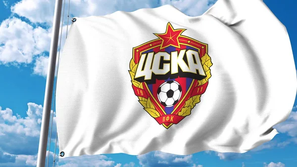 Bandiera sventolante con logo della squadra di calcio CSKA Moskva. Rendering editoriale 3D — Foto Stock