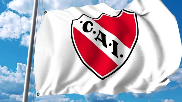 Viftande flagga med Club Atletico Independiente football club logotyp. Redaktionella 3d-rendering — Stockfoto