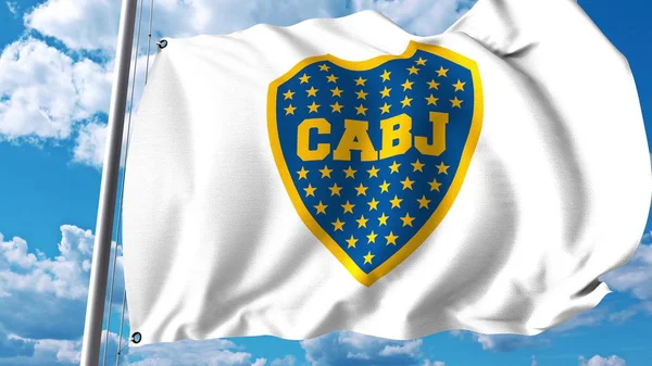 Viftande flagga med Boca Juniors football club logotyp. Redaktionella 3d-rendering — Stockfoto