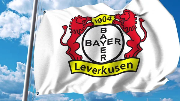 Macha flagą z logo klubu piłki nożnej Bayer Leverkusen. Redakcji renderowania 3d — Zdjęcie stockowe