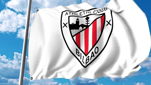Wapperende vlag met Athletic Bilbao voetbal club logo. Redactioneel 3D-rendering — Stockfoto