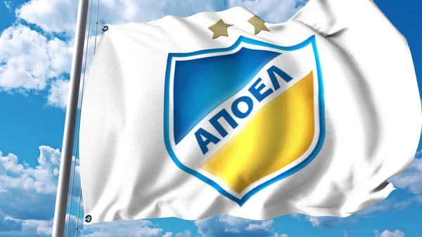 Bandiera sventolante con logo della squadra di calcio dell'Apoel FC. Rendering editoriale 3D — Foto Stock