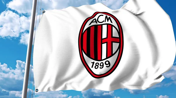 Bandera ondeando con el logotipo del club de fútbol AC Milan. Representación Editorial 3D —  Fotos de Stock