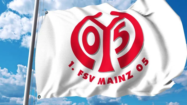 Macha flagą z 1. Logo klubu piłki nożnej FSV Mainz 05. Redakcji renderowania 3d — Zdjęcie stockowe