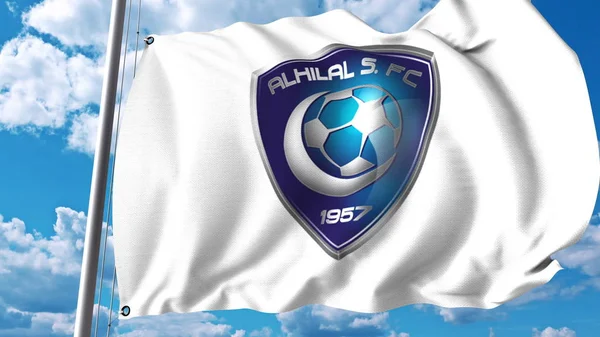 Bandiera sventolante con logo della società calcistica Al Hilal FC. Rendering editoriale 3D — Foto Stock