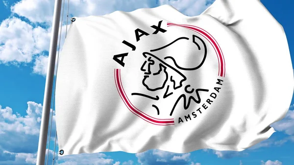 Viftande flagga med Afc Ajax football club logotyp. Redaktionella 3d-rendering — Stockfoto