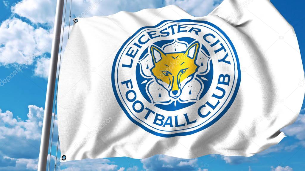 Waving flag with Leicester City FC football club logo. Editorial 3D