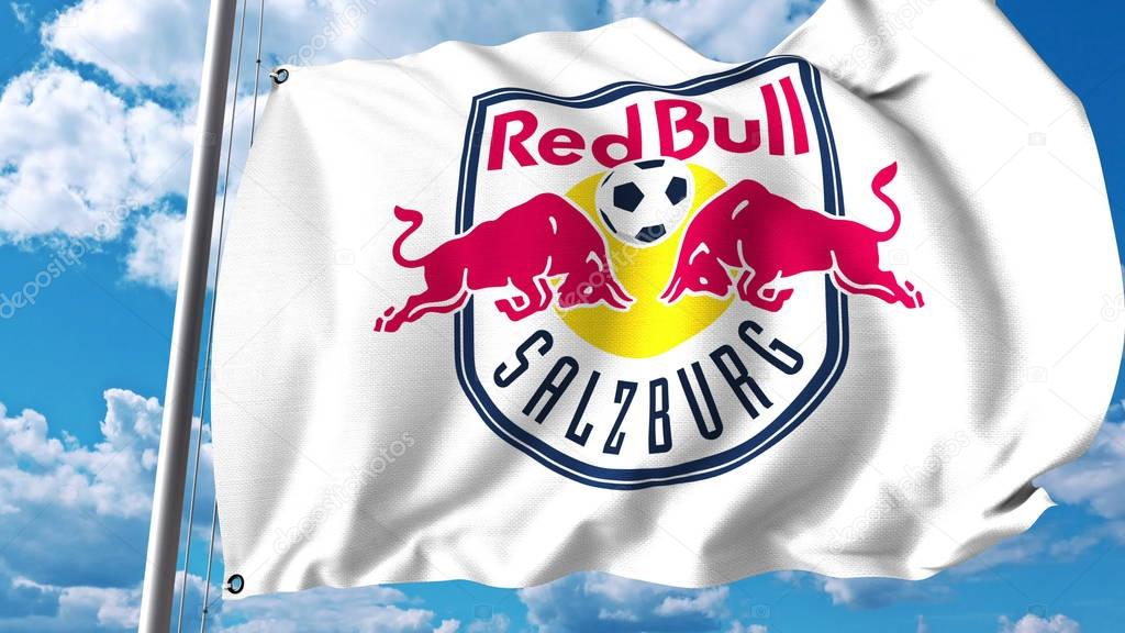 Waving flag with FC Red Bull Salzburg football club logo. Editorial 3D