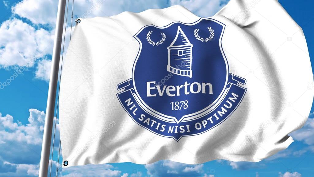 Waving flag with Everton FC football club logo. Editorial 3D rendering