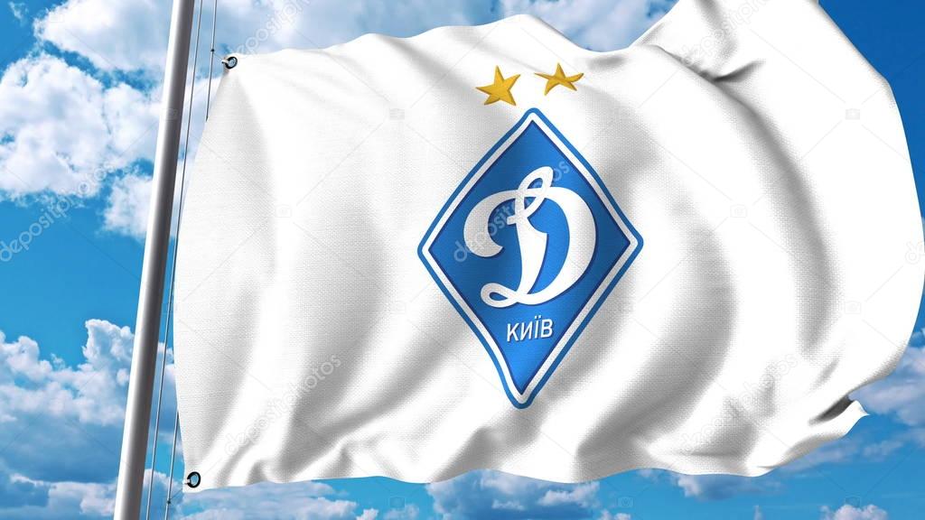 Waving flag with Dynamo Kyiv football club logo. Editorial 3D