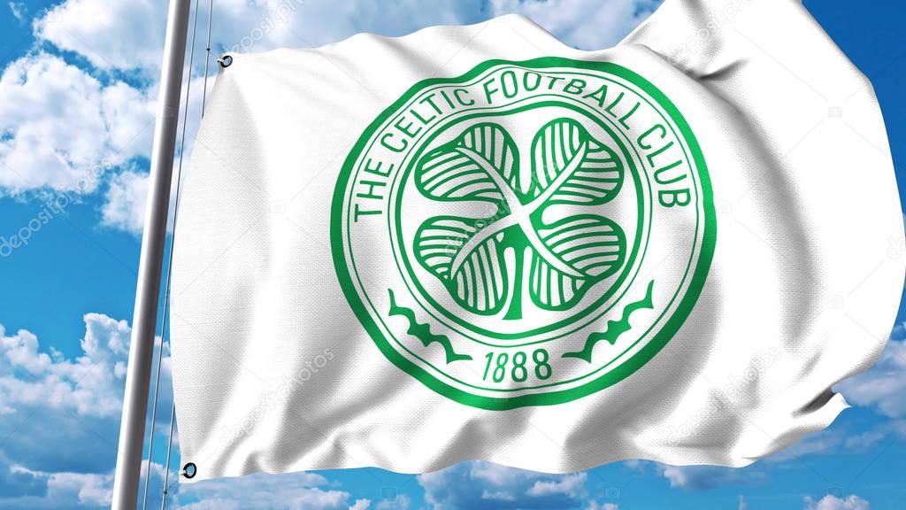 Waving flag with Celtic football club logo. Editorial 3D