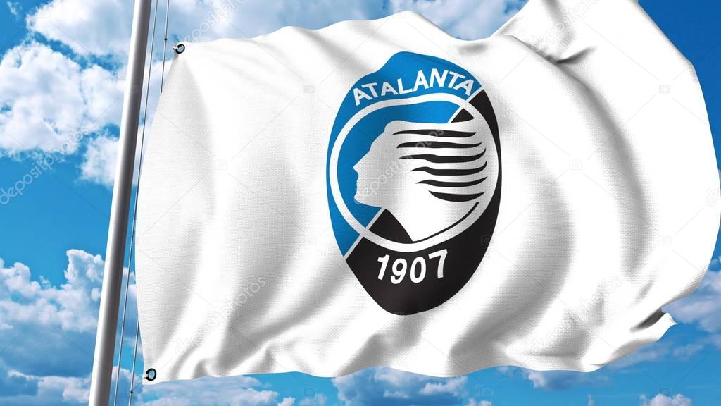 Waving flag with Atalanta football club logo. Editorial 3D
