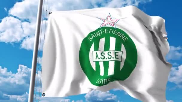 Mengibarkan bendera dengan logo klub sepak bola AS Saint Etienne. Klip editorial 4K — Stok Video