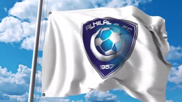 Waving flag with Al Hilal FC football club logo. 4K editorial clip — Stock Video