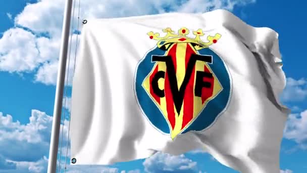 Wapperende vlag met Villarreal voetbal club logo. 4 k redactionele clip — Stockvideo