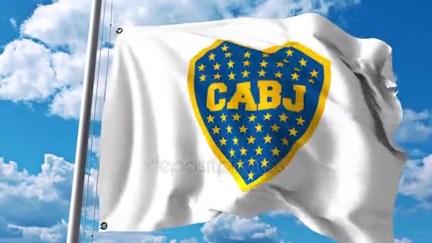 Viftande flagga med Boca Juniors football club logotyp. 4 k redaktionella klipp — Stockvideo