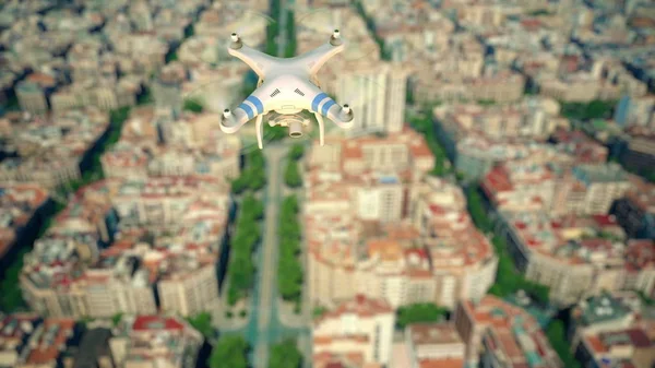 Luchtfoto van camera drone vliegen en filmen boven de stad. 3D-rendering — Stockfoto