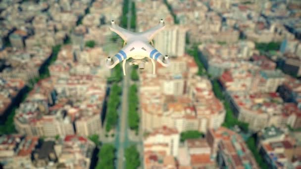 Aerial view of camera drone flying and filming above the city — Stock Video