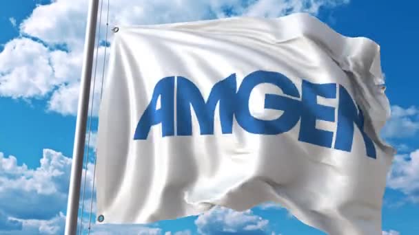 Bandiera sventolante con logo Amgen. Animazione editoriale 4K — Video Stock
