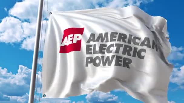 Wapperende vlag met American Electric Power logo. 4 k redactionele animatie — Stockvideo