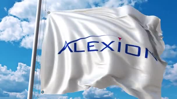 Bandera ondeando con el logotipo de Alexion Pharmaceuticals. Animación editorial 4K — Vídeo de stock