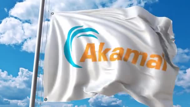 Vlající vlajka s logem Akamai Technologies. 4 k redakční animace — Stock video