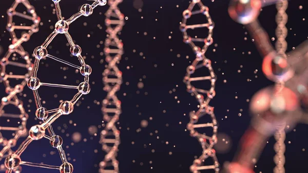 Dna 分子と浮遊粒子。遺伝、生化学、現代医学や遺伝学の研究の概念。3 d レンダリング — ストック写真
