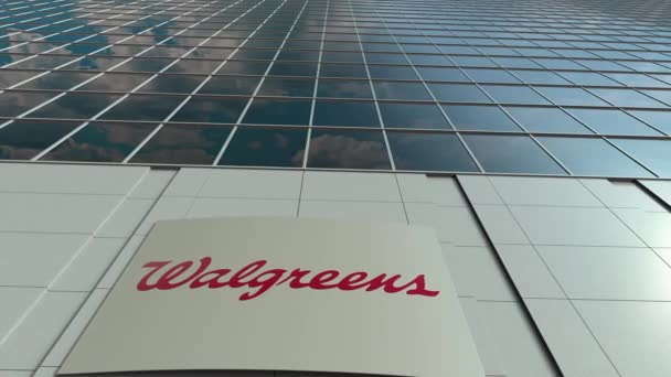 Walgreens 로고 간판 보드입니다. 현대 사무실 건물 외관 시간 경과입니다. 사설 3 차원 렌더링 — 비디오