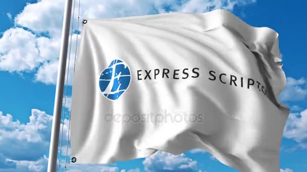 Bandera ondeante con logo Express Scripts. Animación editorial 4K — Vídeos de Stock