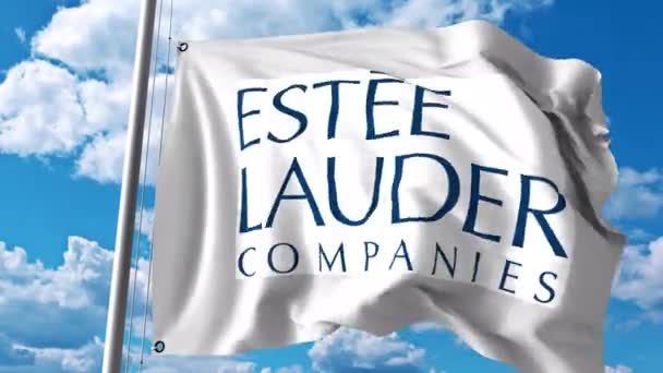 Macha flagą z logo Estee Lauder Companies. 4 k redakcji animacji — Wideo stockowe