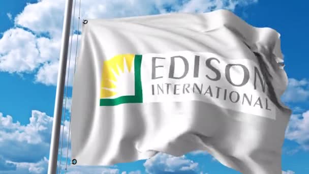 Vlající vlajka s logem Edison mezinárodní. 4 k redakční animace — Stock video