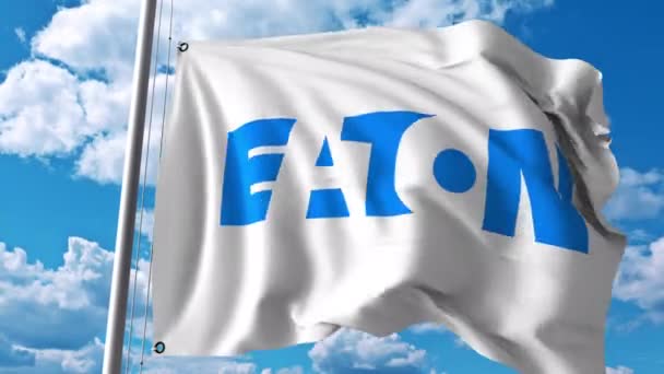 Waving flag with Eaton Corporation logo. 4K editorial animation — Stock Video