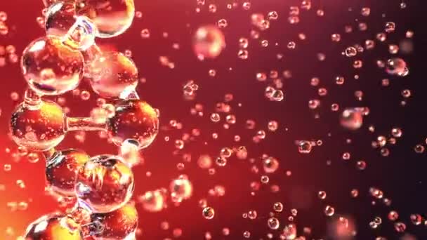 Molécula de DNA e múltiplas gotas contra fundo vermelho, foco superficial. Bioquímica, medicina ou teste de sangue relacionados loopable animação conceitual 4K — Vídeo de Stock