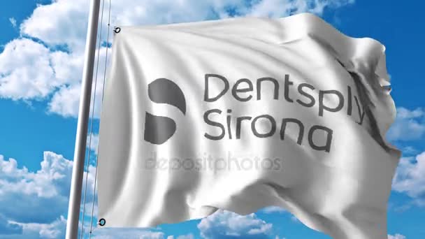 Acenando bandeira com logotipo Dentsply Sirona. Animação editorial 4K — Vídeo de Stock