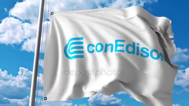 Bandera ondeante con logo Consolidated Edison. Animación editorial 4K — Vídeos de Stock