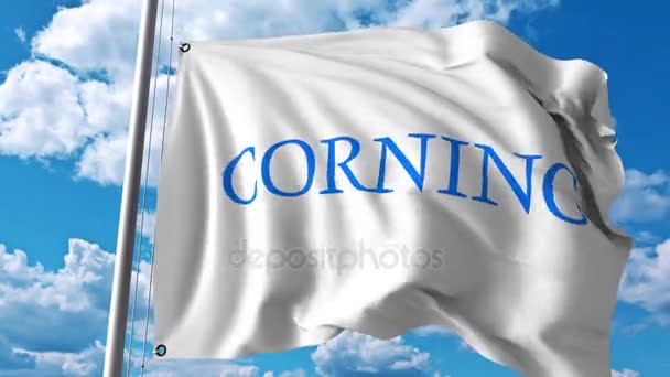 Размахиваю флагом с логотипом Corning Inc. Редакция 4K — стоковое видео