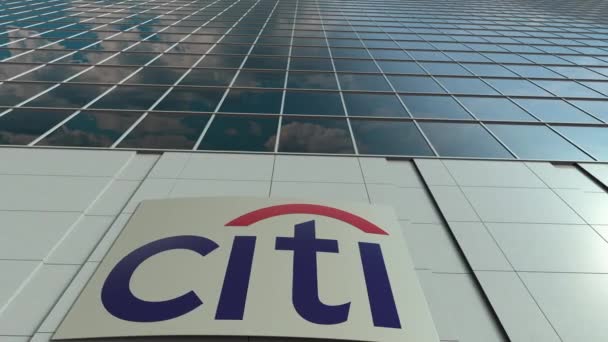 Вивісок ради з Citigroup логотип. Сучасні Офісні будівлі Уповільнена зйомка фасаду. Редакційні 3d-рендерінг — стокове відео