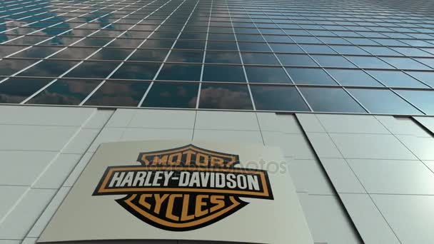 Σήμανση σκάφους με Harley-Davidson, Inc. λογότυπο. Σύγχρονο κτίριο πρόσοψη χρονική γραφείων. Συντακτική 3d rendering — Αρχείο Βίντεο