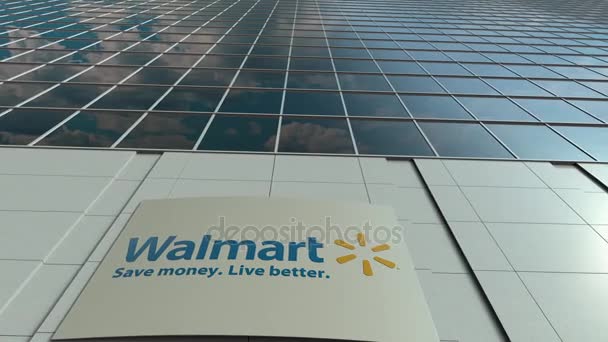 Panneau de signalisation avec logo Walmart. Immeuble de bureaux moderne façade time lapse. Editorial rendu 3D — Video