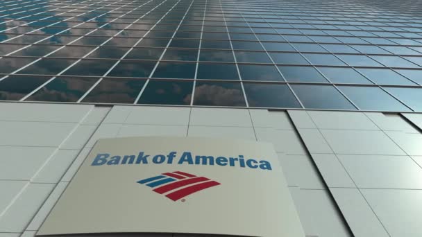 Διοικητικό Συμβούλιο σήμανσης με το λογότυπο της Bank of America. Σύγχρονο κτίριο πρόσοψη χρονική γραφείων. Συντακτική 3d rendering — Αρχείο Βίντεο