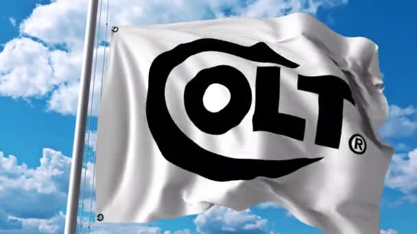 Mengibarkan bendera dengan logo Colts Manufacturing Company. Animasi editorial 4K — Stok Video