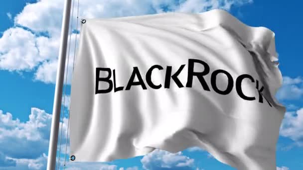 Bandera ondeante con logo BlackRock. Animación editorial 4K — Vídeo de stock