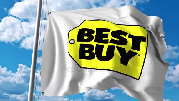 Bandera ondeante con logo Best Buy. Animación editorial 4K — Vídeo de stock
