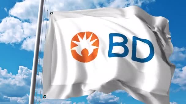 Waving flag with Becton Dickinson logo. 4K editorial animation — Stock Video
