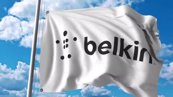 Bandeira ondulada com logotipo da Belkin. Animação editorial 4K — Vídeo de Stock