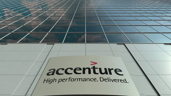 Tablero de señalización con logotipo de Accenture. Moderna fachada del edificio de oficinas. Representación Editorial 3D — Foto de Stock