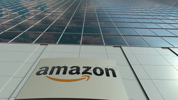 Jelzések fedélzet-val Amazon.com logo. Modern irodaház homlokzat idő telik el. Szerkesztői 3d-leképezés — Stock videók