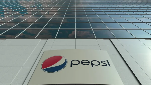 Placa de sinalização com logotipo da Pepsi. Fachada de edifício de escritório moderno. Renderização 3D editorial — Fotografia de Stock