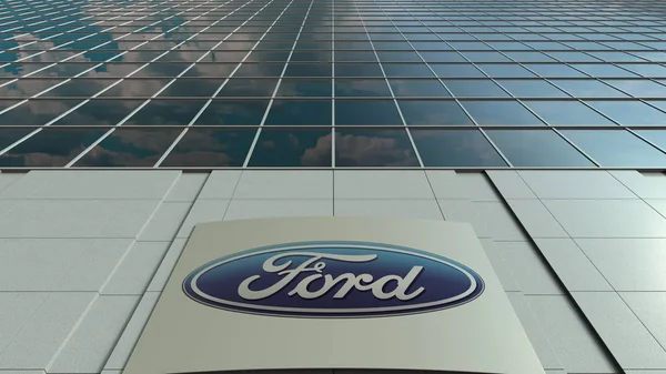 フォード モーター会社のロゴと看板ボード。近代的なオフィスの建物のファサード。3 d レンダリングの社説 — ストック写真