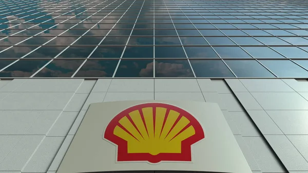 Schildertafel mit Shell Oil Company Logo. moderne Bürohausfassade. redaktionelles 3D-Rendering — Stockfoto